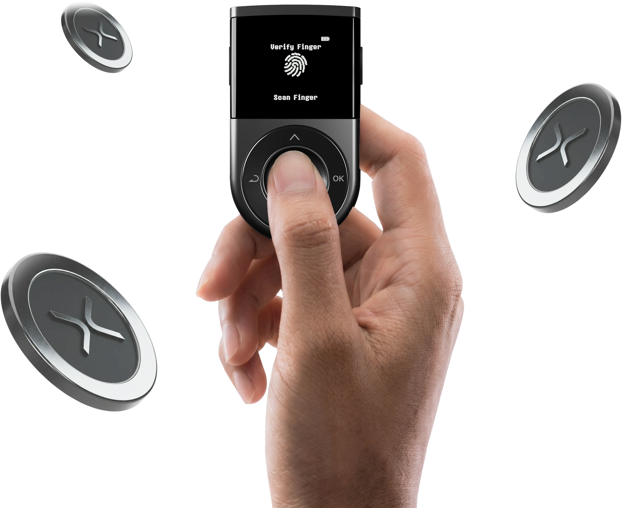 A hand holding a DCENT biometric wallet, surrounded by floating XRP coins
